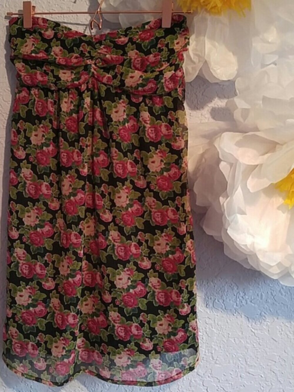 Fire Los Angeles SZ M Sheer Strapless Rose Pattern Elastic & Tied Back Dress